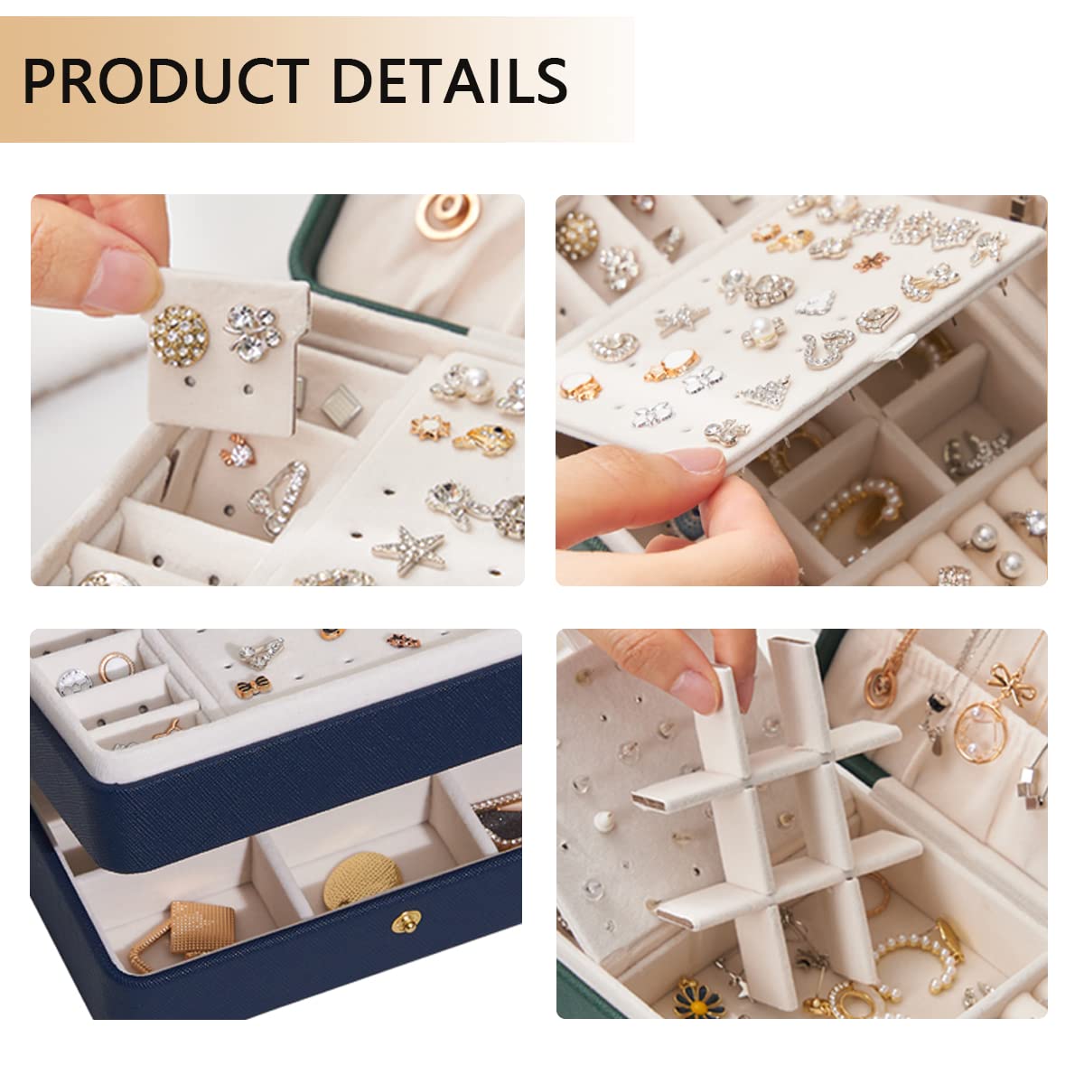 BUTI4WLD PU Leather Travel Jewelry Organizer Case for Women & Girls, 2-Layer Portable Jewelry Box for Earrings, Rings, Necklaces, Bracelets, Compact Jewelry Storage (Blue, Small)