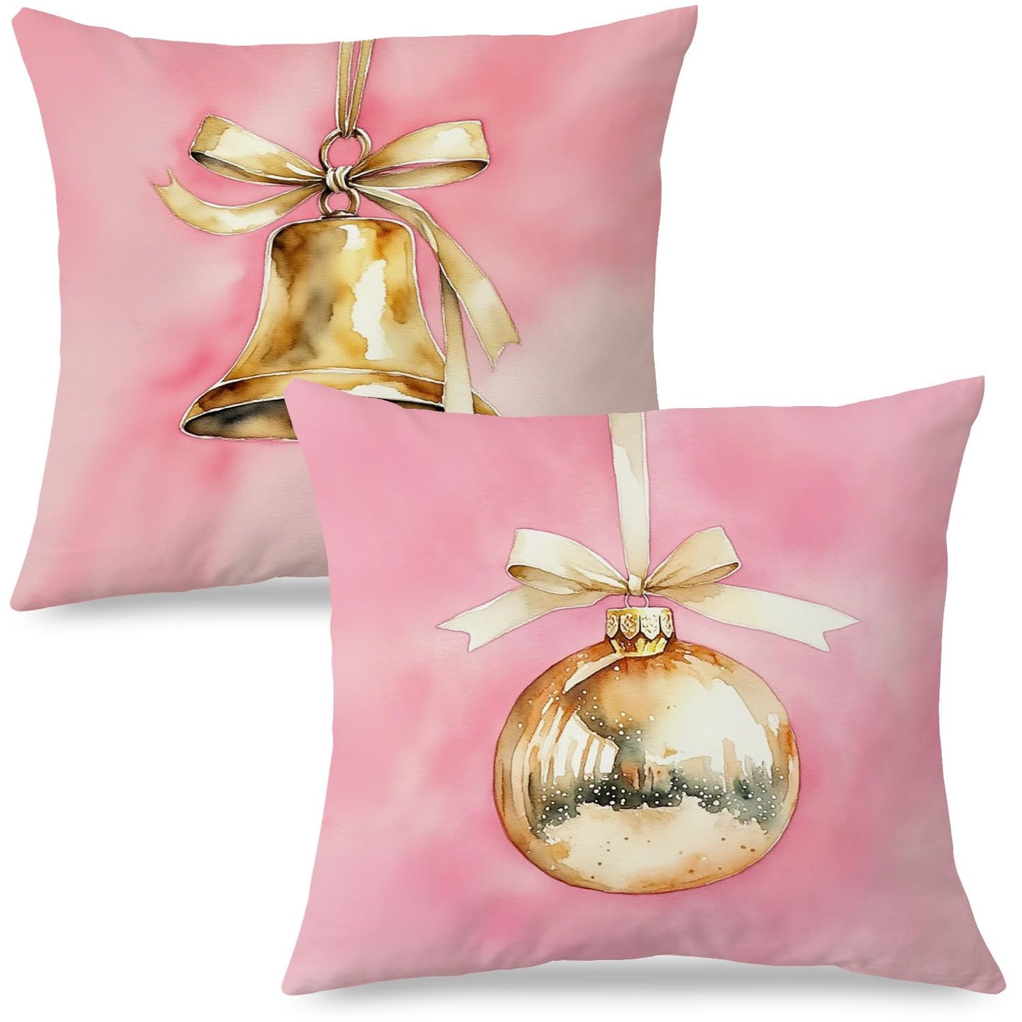 JINYO Coquette Gold Christmas Bauble Bell Pillow Covers 18x18, Coquette Christmas Decor, Pink and Gold Xmas Ornament Holiday Throw Pillow Covers for Home Room Dorm Apartment Sofa Couch Set of 2