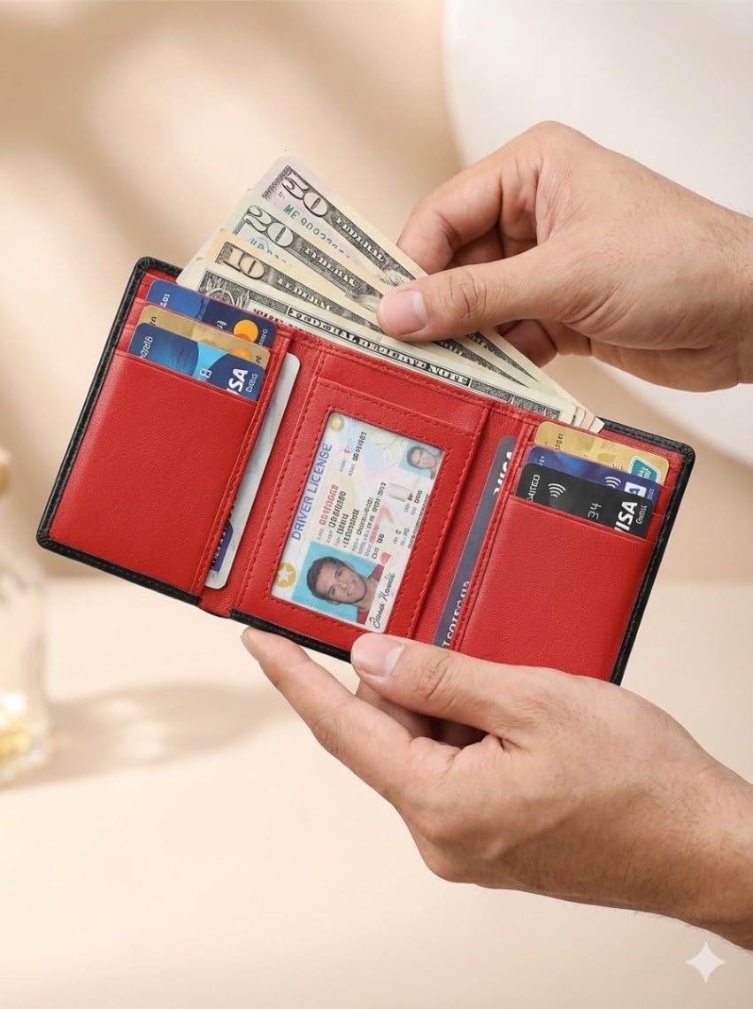 muzaf Trifold Premium Leather Wallet for Men with RFID Blocking (Black Red)