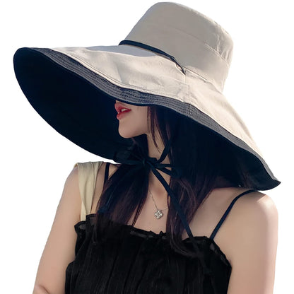 HUAMULAN 7" Wide Brim Women Summer Sun Floppy Hat Beach Bucket Fishing Hats Reversible Foldable Travel UV Protection Blackbeige