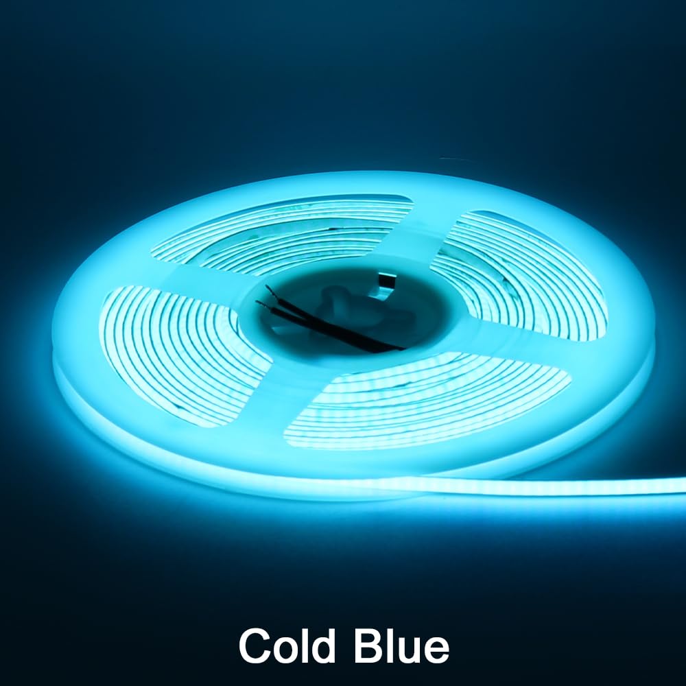 3mm COB Strip Light, DC 12V Ice Blue 16.4ft Flexible Cuttable Ultra-Thin LED Tape CRI>90 Uniform Dotless 400LEDs/M LED Light for Christmas Bedroom Home Kitchen Cabinet Decor (NO Power Supply)