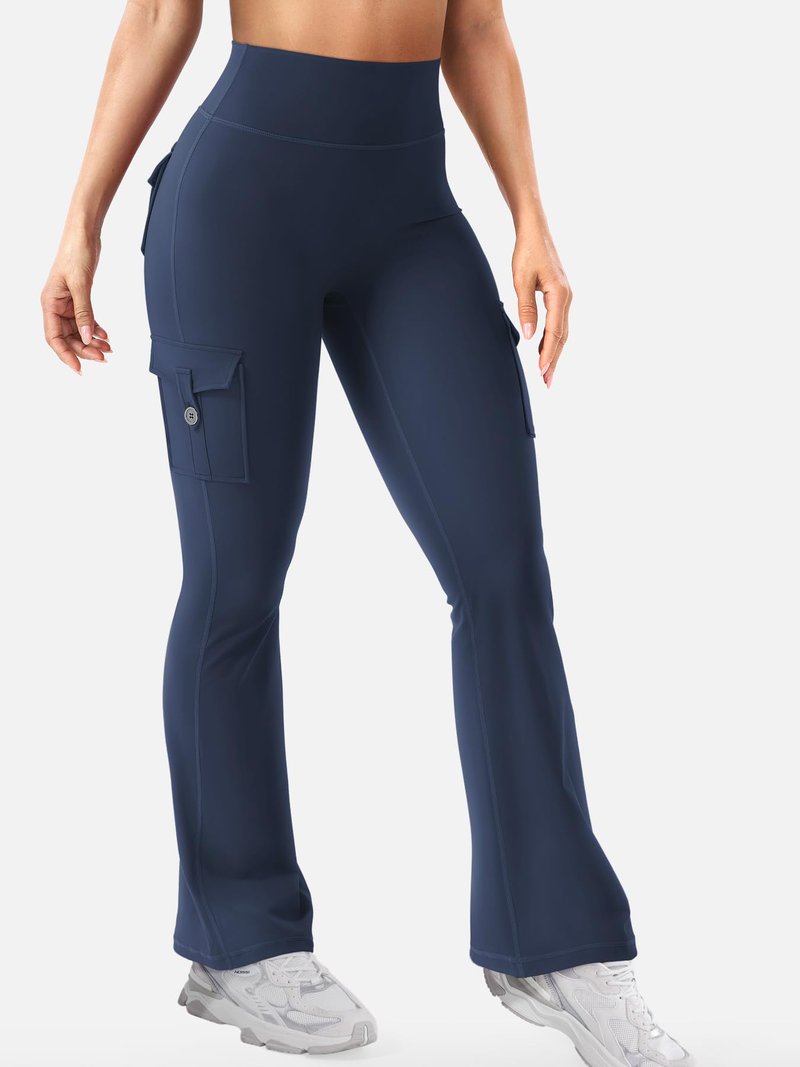 YEOREO CoreFlex Women Workout Flare Leggings with Pockets Scrunch Cargo Gym Yoga Leggings Blue Navy XL