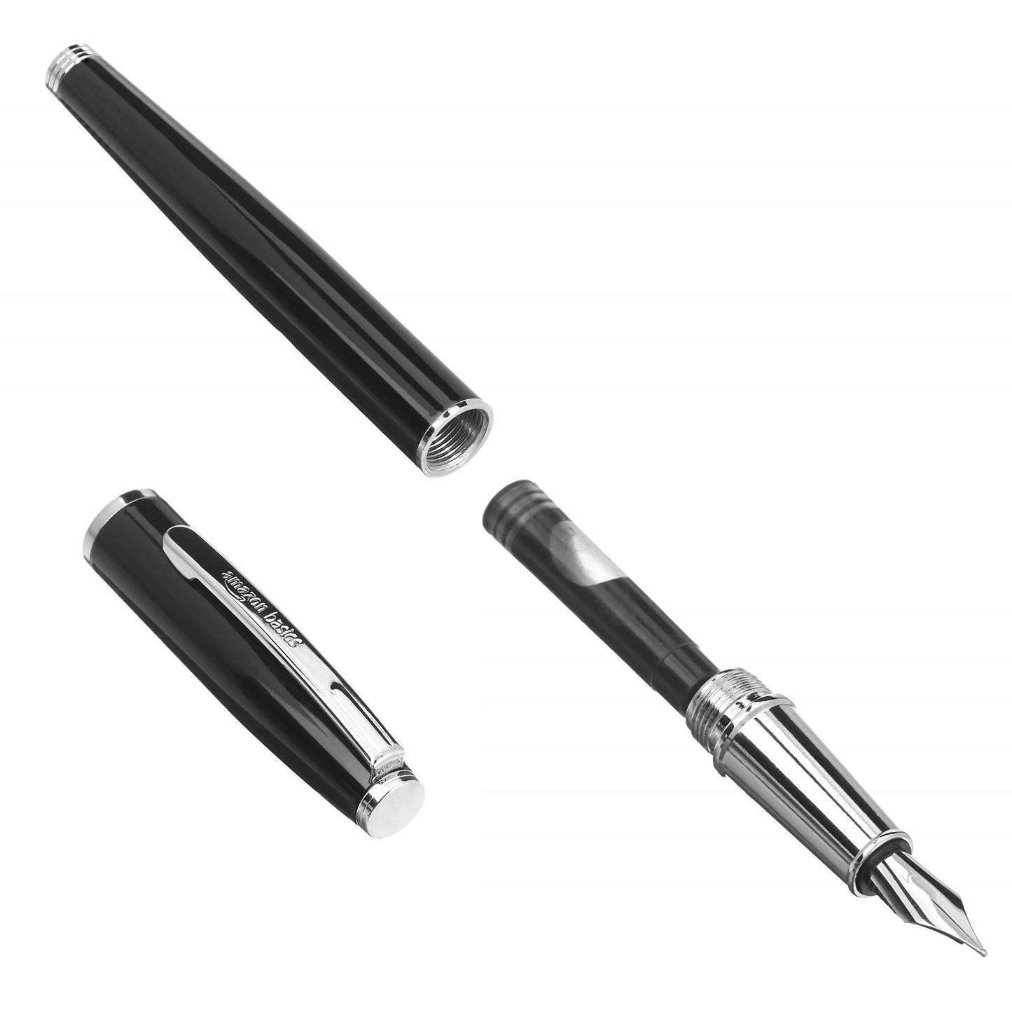 Amazon Basics Refillable Fountain Pen with Smooth Writing, Medium Point, Black Metal Barrel, Black Ink, 2 Replacement Cartridges