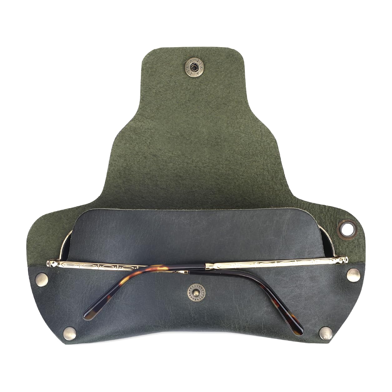 TheAntiq Green Leather Sunglasses Case with Lanyard - Handmade Eyeglass Holder with Snap Closure, Protective Travel Pouch for Glasses, Men & Women, 3 x 7