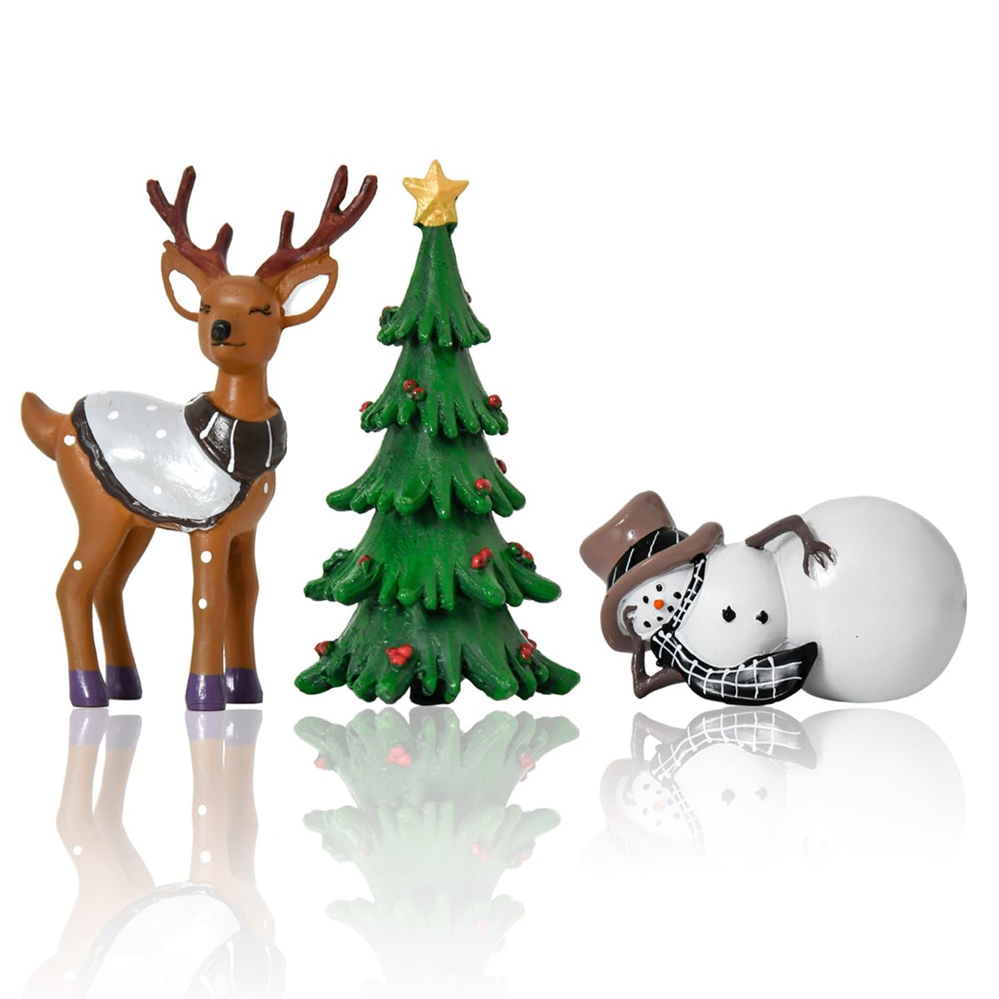 Smile Christmas Indoor Decoration, Set of 3 Small Resin Figurines Snowman Christmas Tree, and Reindeer, Holiday Decor for Mantle Centerpieces and Tabletop