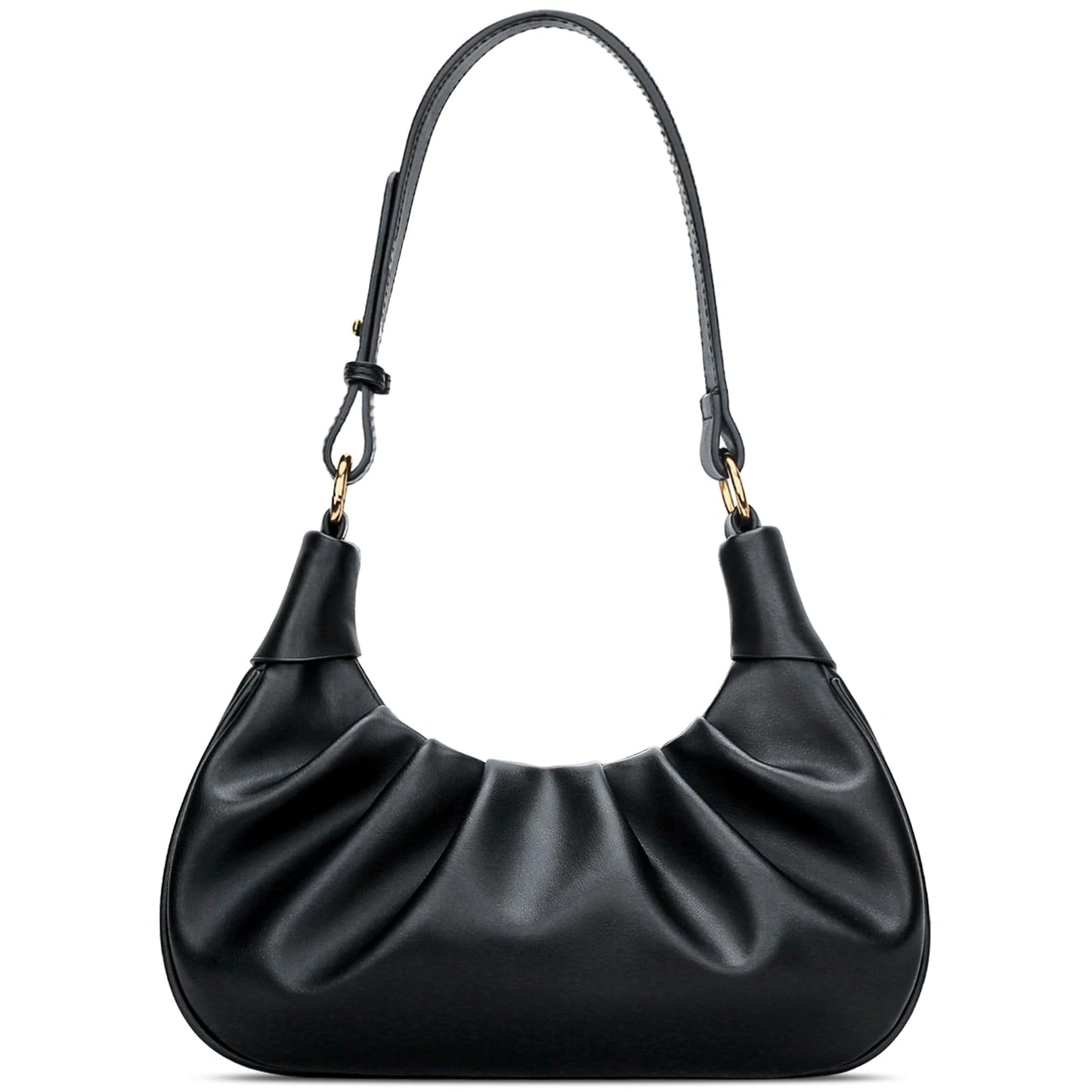 KKXIU Shoulder Bag Crescent Handbag Ruched Purse Underarm Bag Mini Hobo for Women, Detachable Gold Chain Crossbody Bag - Black