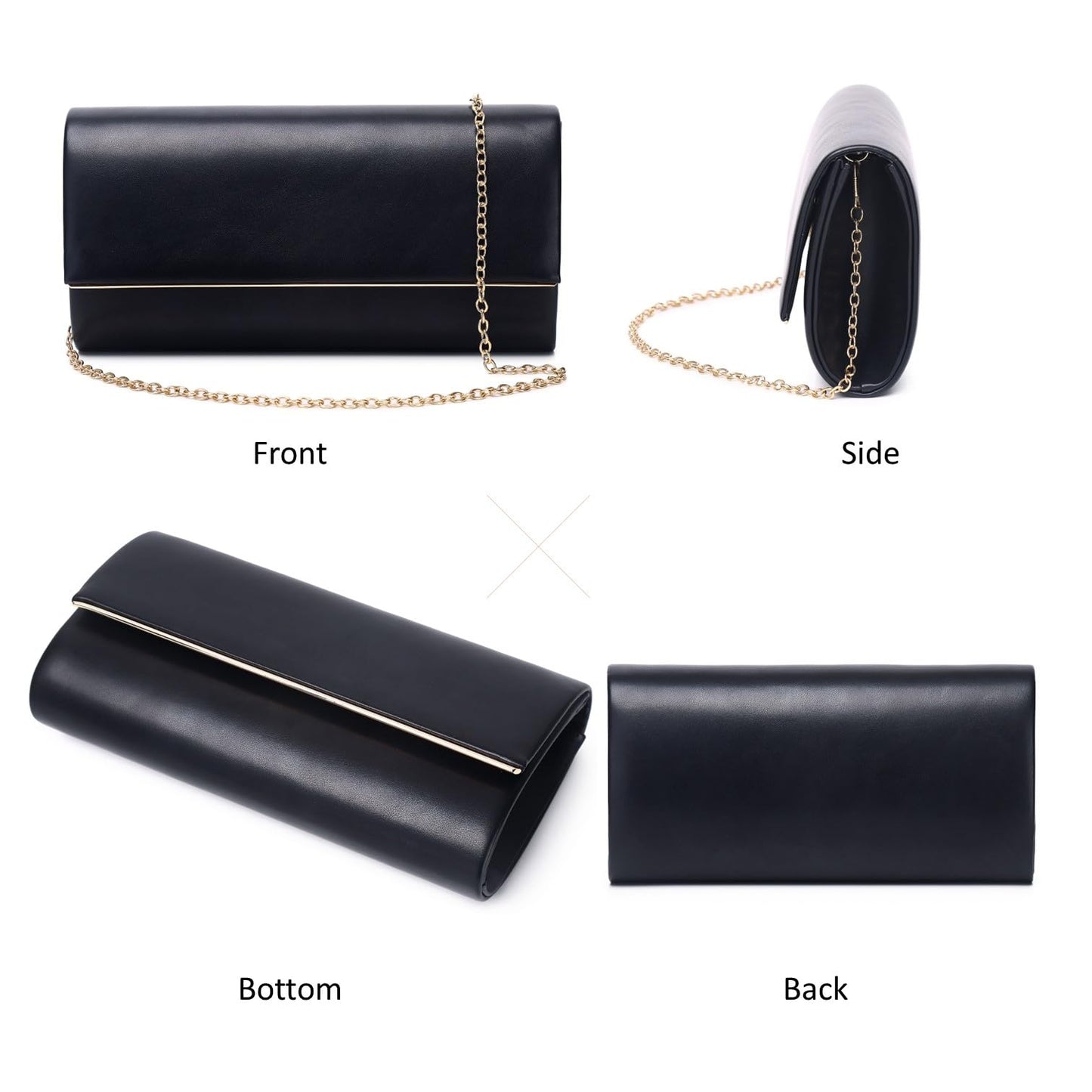DETARA Women Evening Bag Vegan Leather Clutch Purse Shoulder Crossbody Envelope Bag for Party Wedding Prom Bridal(Black 1818)