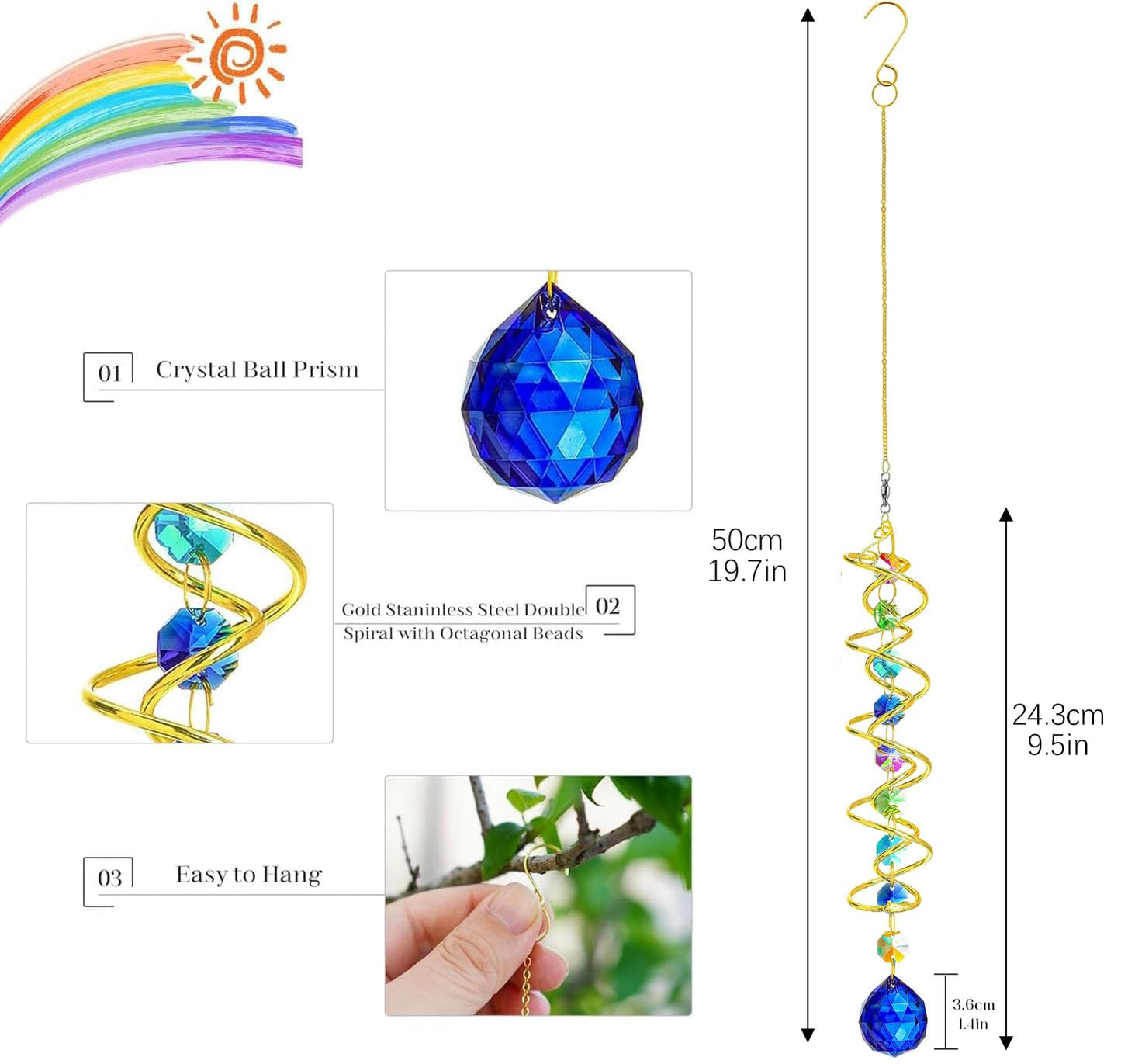 H&D HYALINE & DORA Gazing Ball Spiral Tail Crystal Suncatcher, Rainbow Maker Crystal Beads Decor Sun Catcher Hang with Hook for Window Indoor Outdoor