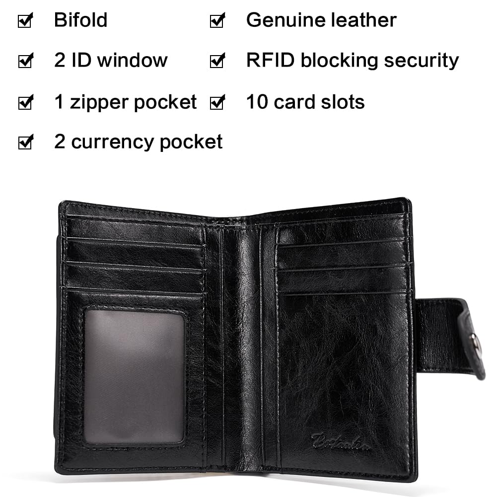 BOSTANTEN Women Leather Wallet RFID Blocking Small Bifold Zipper Pocket Wallets Card Case Purse with ID Window