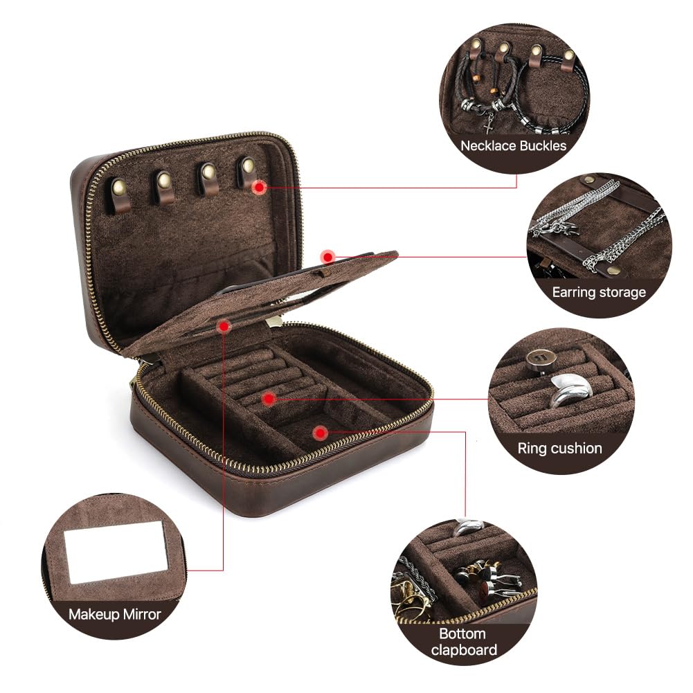 CONTACTS Full Grain Leather Jewelry Box for Men Travel Jewelry Organizer by Handmade Zipper Jewelry Cufflinks Ring Necklace Bracelet Storage Case with Mirror, Rectangular+mirror, Coffee
