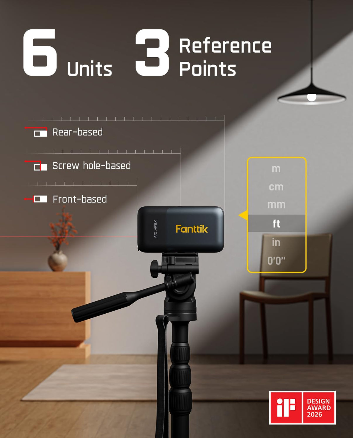 Fanttik A10 Apex 3-in-1 Digital Laser Tape Measure with HD Color Display, 165Ft Rechargeable Laser Measurement & 32Ft Green Cross Line Laser & 9.8Ft Tape, 6 Units, for Distance/Area/Volume/Leveling