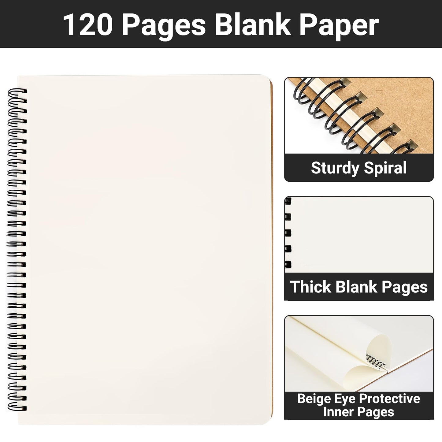 EUSOAR Spiral Journaling Notebooks, A4 6 Packs 8.5"x 11" 120 Pages Hardcover Spiral Blank Notebook, Blank Journal Unlined Notebooks Bulk for Student Office School Diary Drawing Writing-Brown