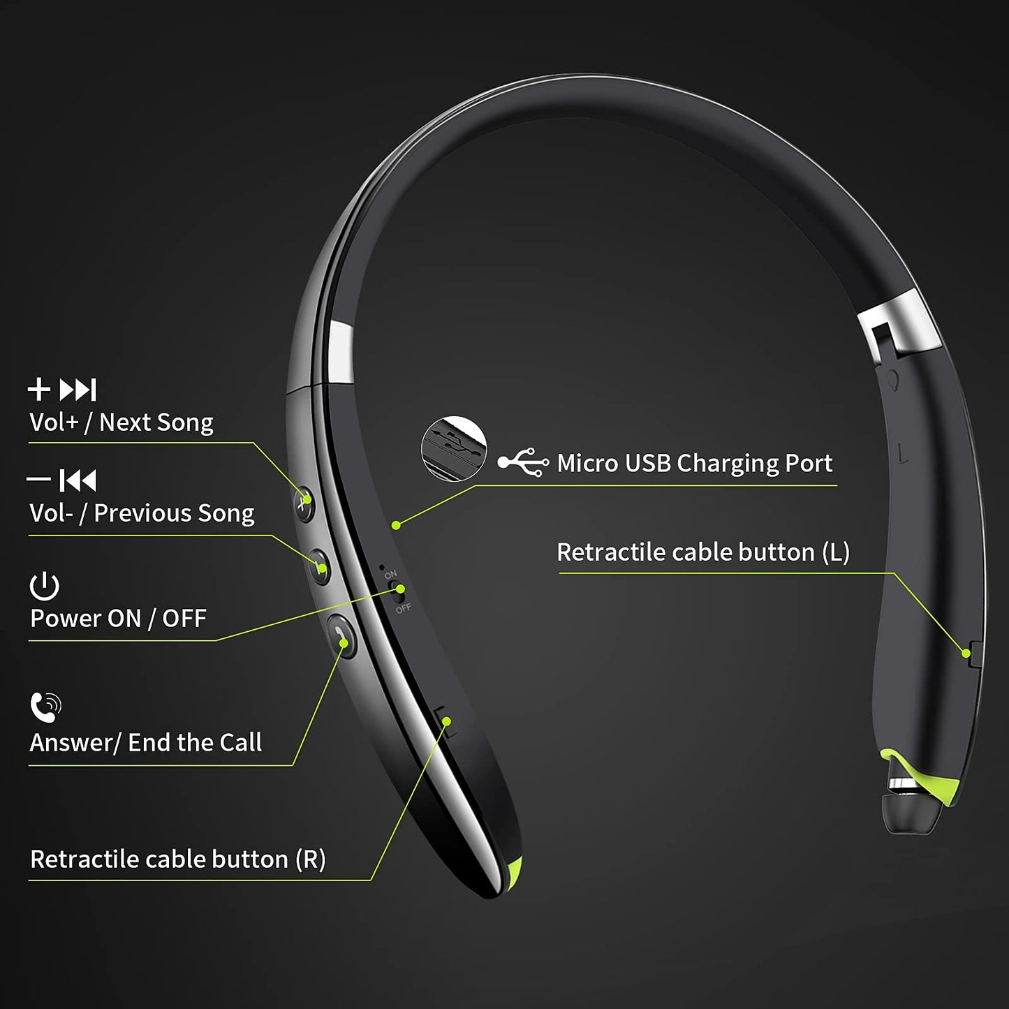 Bluetooth Headset, 2025 Upgraded Neckband Bluetooth Headphones with Retractable Earbuds, Noise Cancelling Stereo Earphones with Mic, Foldable Wireless Headphones for Sports Office with Carry Case