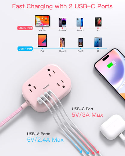 Cruise Essentials 2025,One Beat Travel Power Strip with USB C,Flat Plug Extension Cord with 3 Outlets 4 USB Ports(2 USB C),5 ft Desk Wall Outlet Extender,Non Surge Protector for Cruise,Dorm Room,ETL