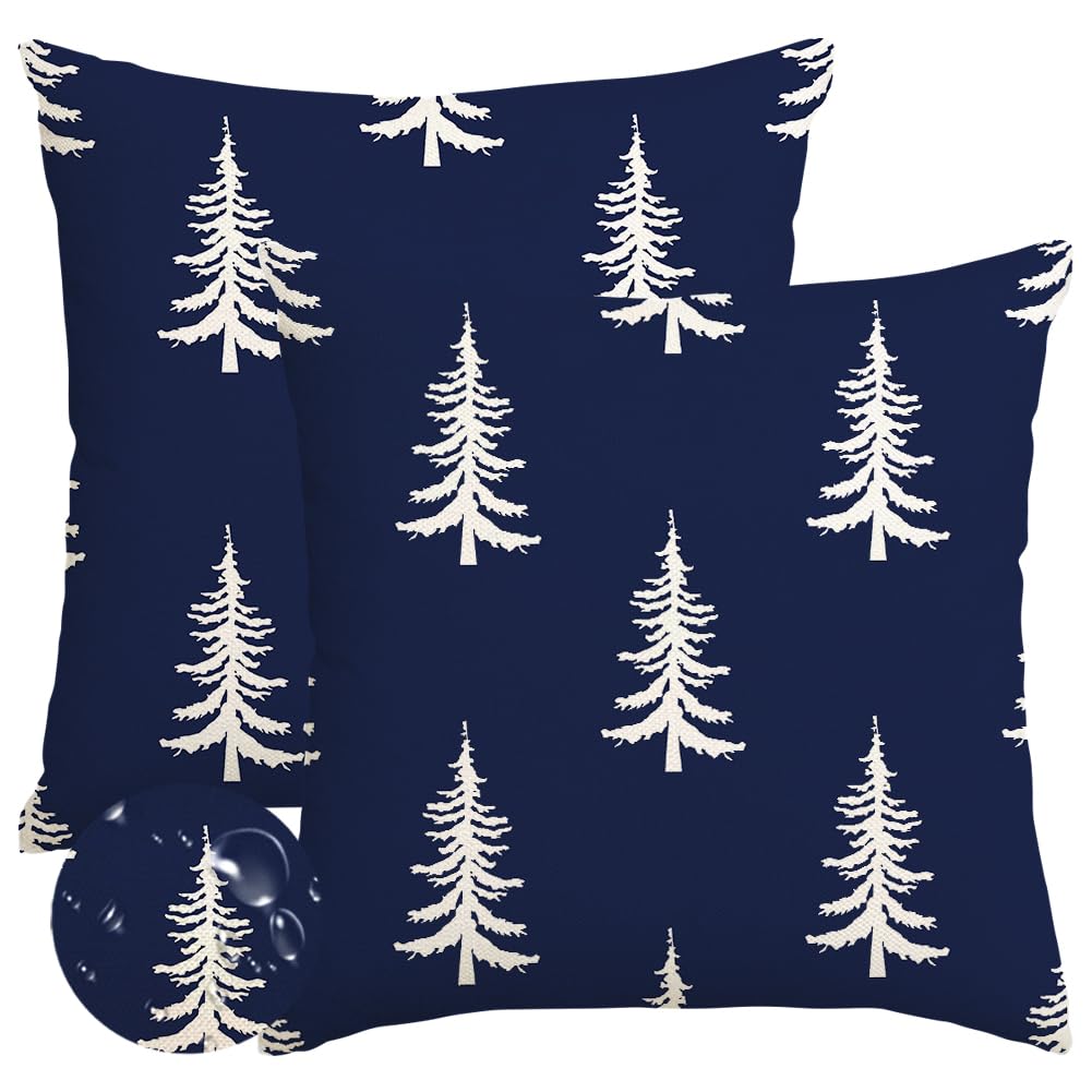 RABUSOFA Christmas Pillow Covers 18x18 inch Set of 2 Indoor Outdoor Waterproof Christmas Decor Tree Decorative Throw Cushion Cases Winter Xmas Holiday Decoration for Couch Patio Dark Blue