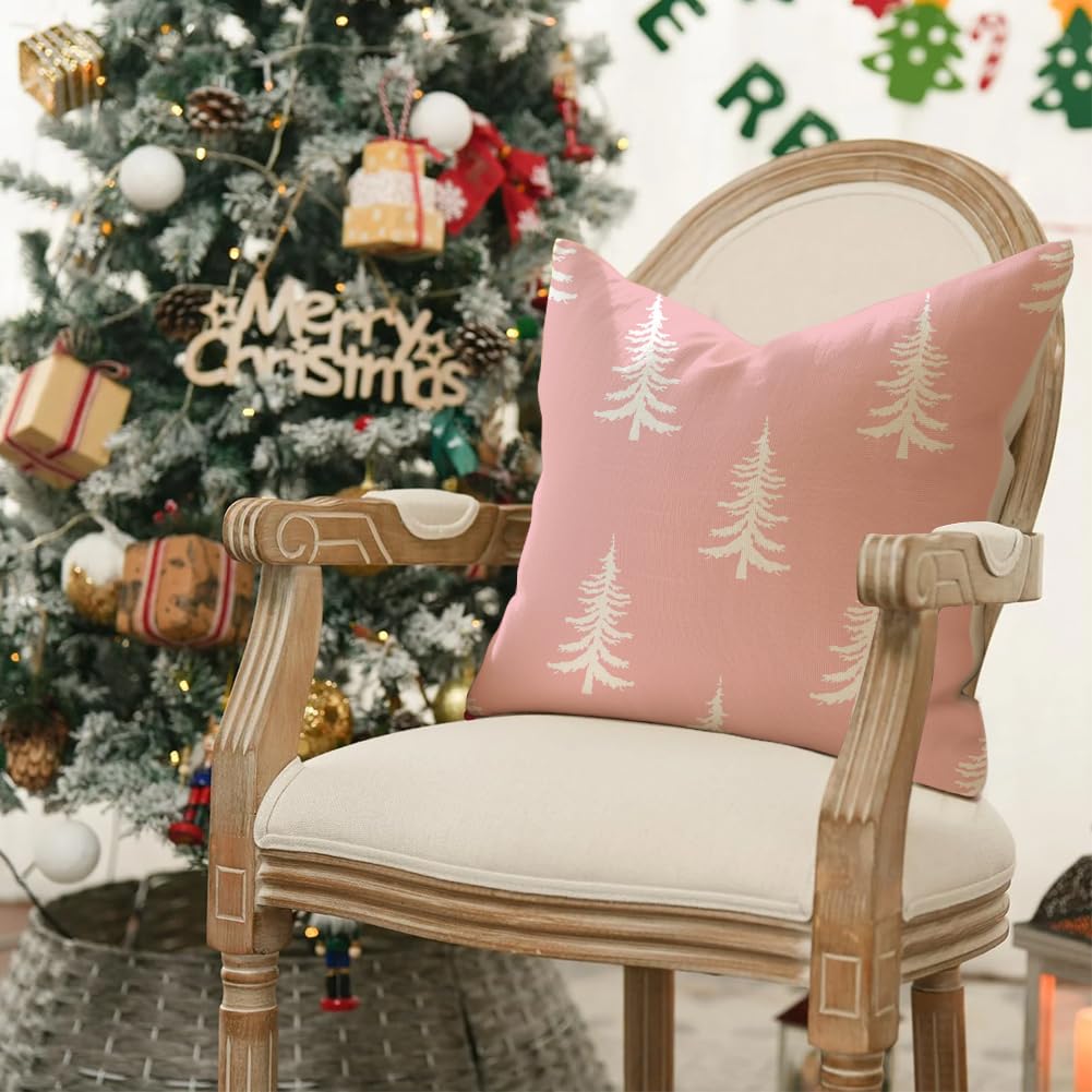 RABUSOFA Christmas Pillow Covers 18x18 inch Set of 2 Indoor Outdoor Waterproof Blush Christmas Decor Tree Decorative Throw Cushion Cases Winter Xmas Holiday Decoration for Couch Patio Pink
