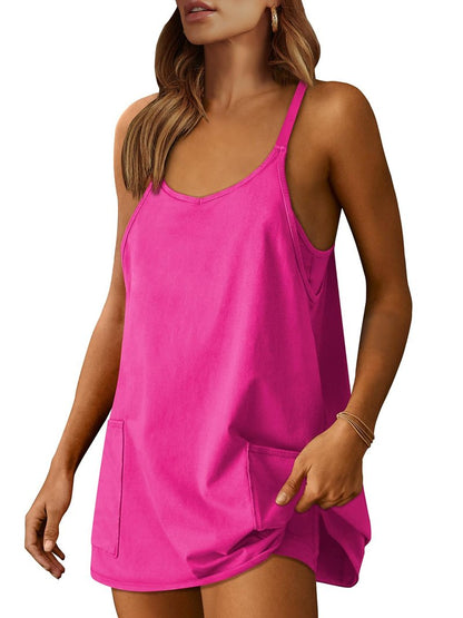 ANRABESS Women Athletic Dress Summer Tennis Workout Active Sports Mini Romper Dress Built in Shorts Travel Vacation Clothes Hot Pink Large