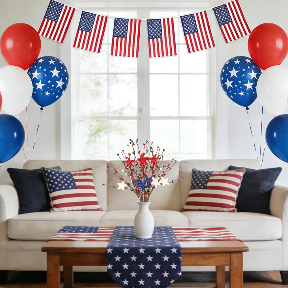 Independence Day Decorations, Artificial Patriotic Floral Picks with Blue Red White Berries 17 Inch Star Berry Stems for 4th of July Independence Day Patriotic Party Home Table Centerpiece Decor