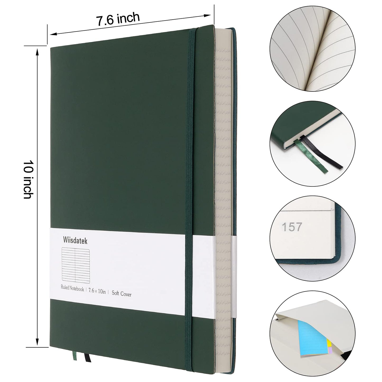 Wiisdatek B5 College Ruled Notebooks - 2 Pack B5 Large Journal Notebooks with 376 Numbered Pages,100gsm Thick Lined Paper,Soft PU Leather Cover,7.6 X 10 inch(GREEN)