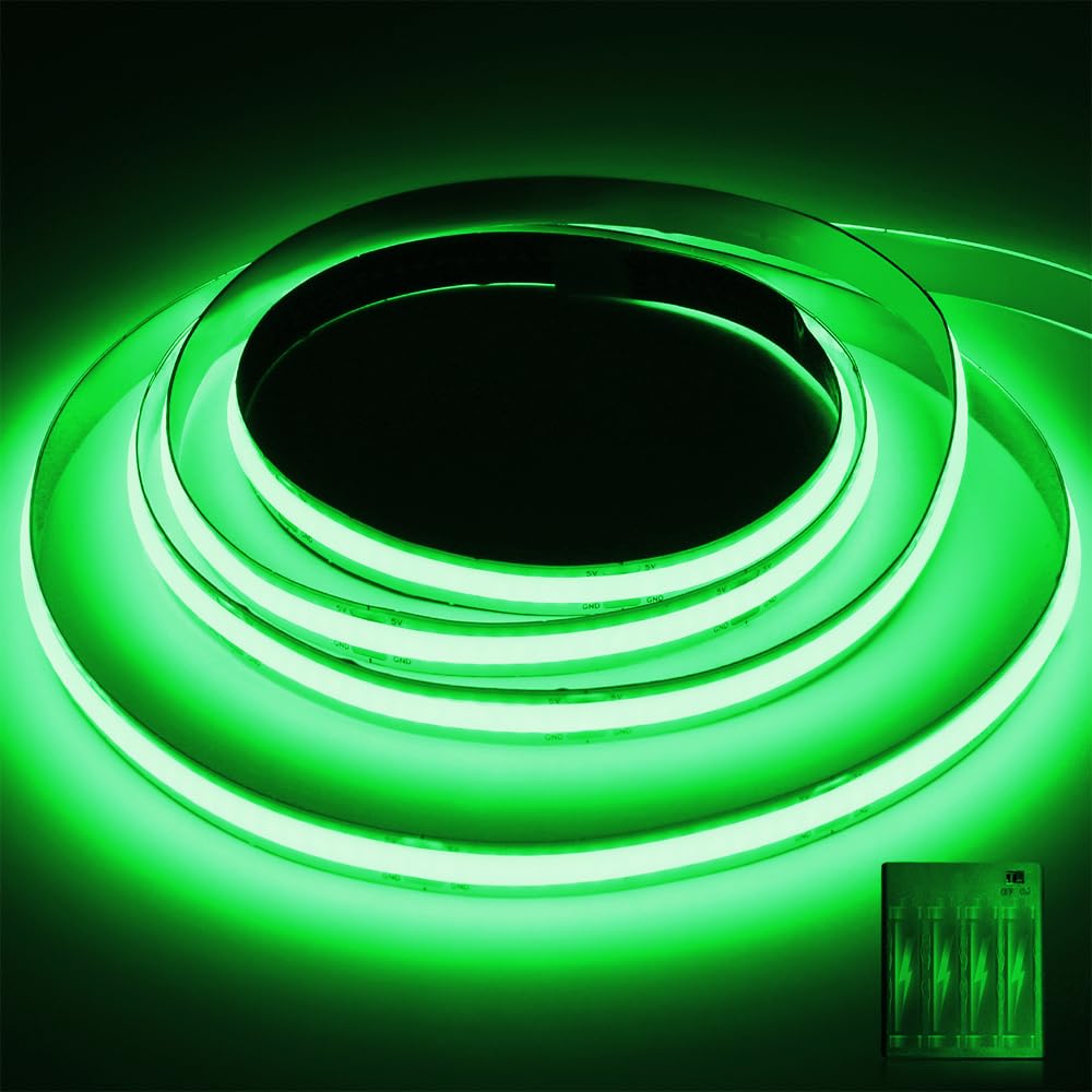 Smacen Battery Powered COB Led Strip Lights, 4.92Ft Battery Operated Green LED Strip Light, High Brightness Flexible LED Tape Lights for Room, Cabinet, Bedroom, Kitchen, Party, Home DIY Indoor Deco
