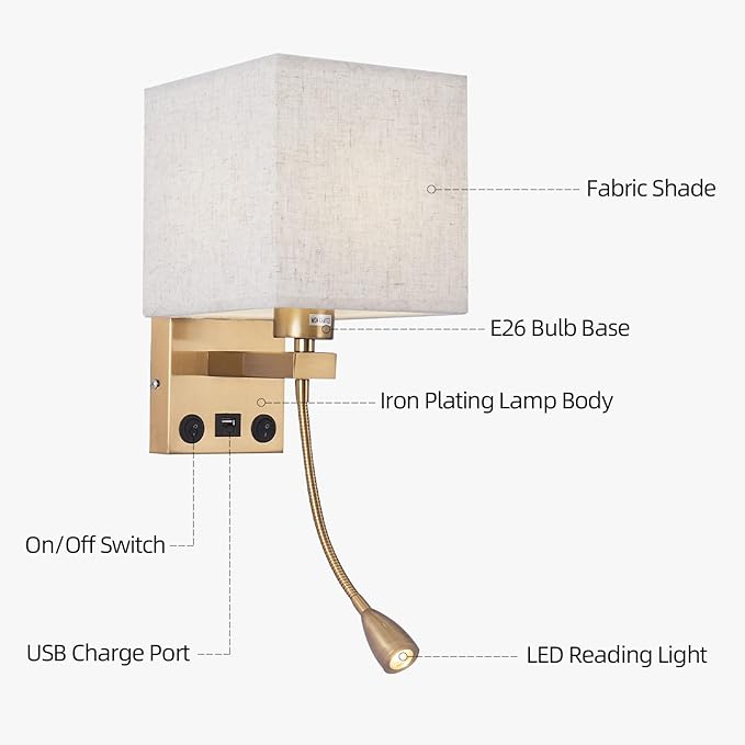 Wall Sconces, Hardwired Wall Lamp with USB Port White Fabric Shade Bedside Wall Lights with Reading Lamp for Bedroom Living Room Hotels and Office (Gold)