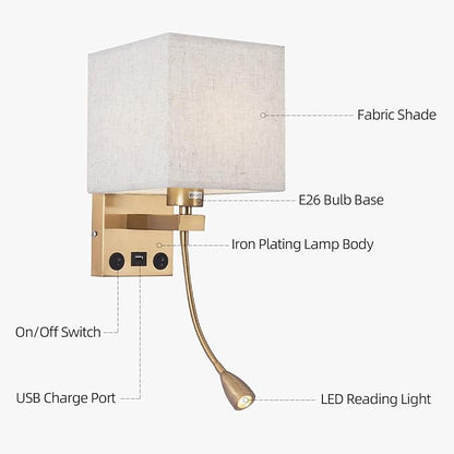Wall Sconces, Hardwired Wall Lamp with USB Port White Fabric Shade Bedside Wall Lights with Reading Lamp for Bedroom Living Room Hotels and Office (Gold)