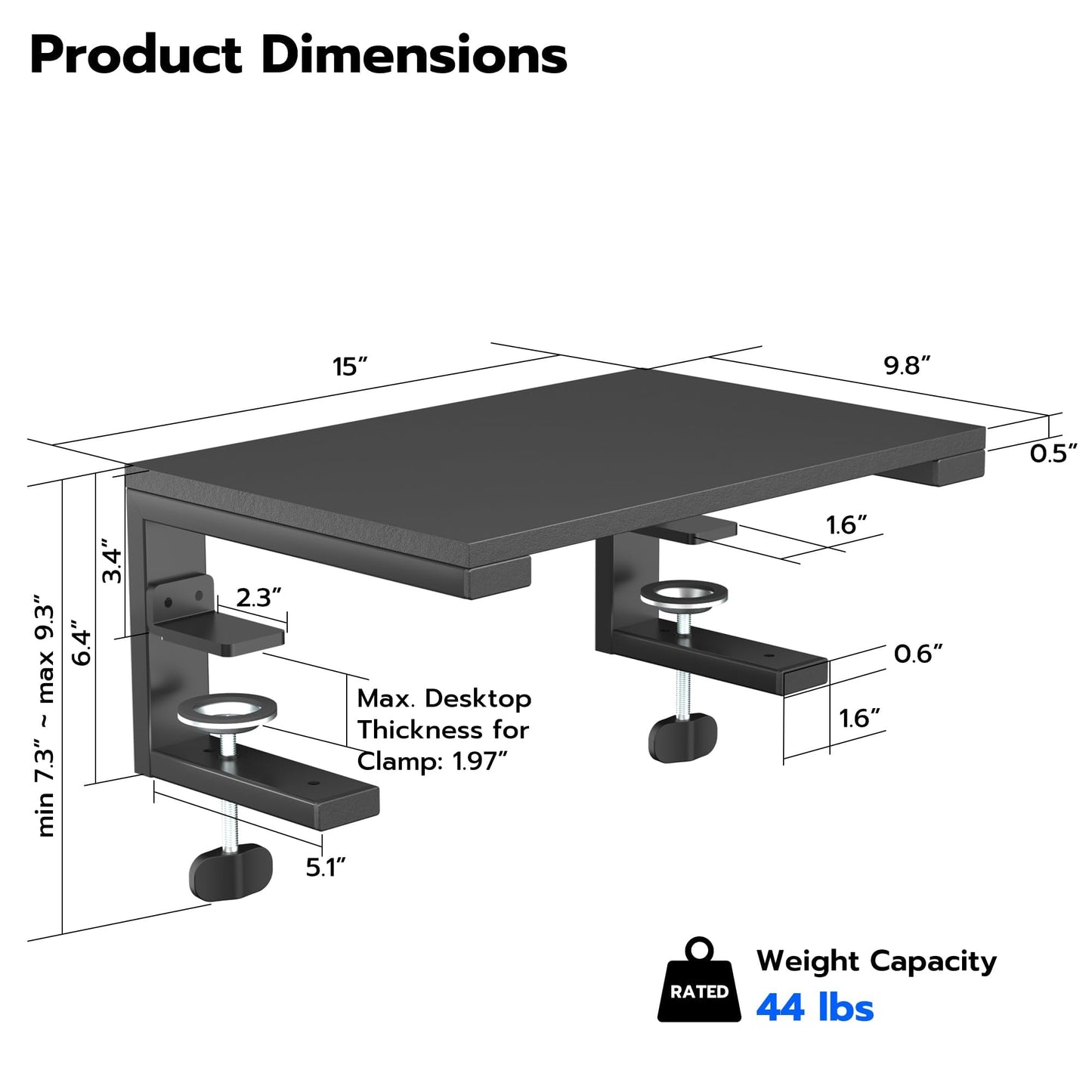 ARES WING Clamp-On Desk Extender & Monitor Shelf – 15" x 9.8" Space Booster, Freestanding or Clamp Mount, Holds 44 lbs, No Drill Desktop Organizer for Office/Gaming, Black