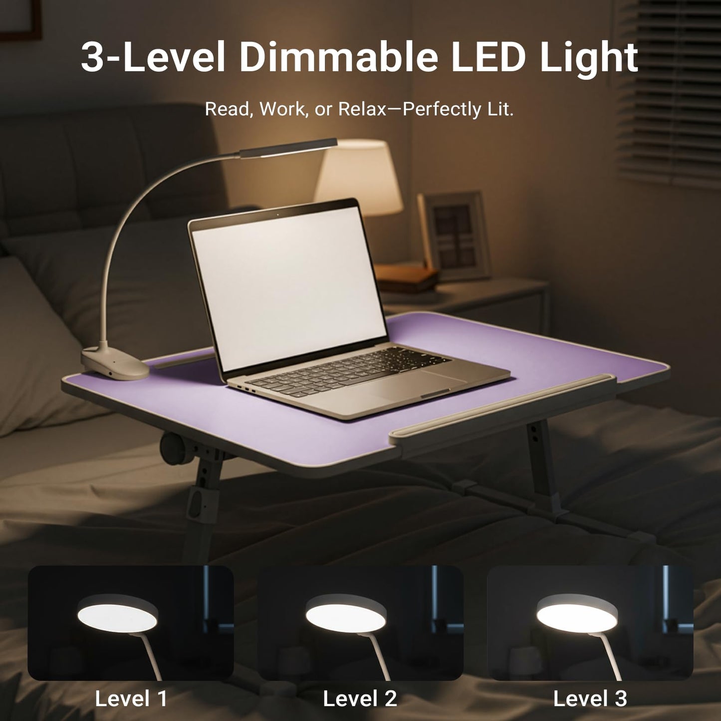 iXTRA Laptop Lap Desk with Cooling Fan - Adjustable Bed Desk with Light, Bed Table with Cup Holder&Phone Holder - Storage Drawer Desk - Folding Bed Desk,Purple,70x45cm