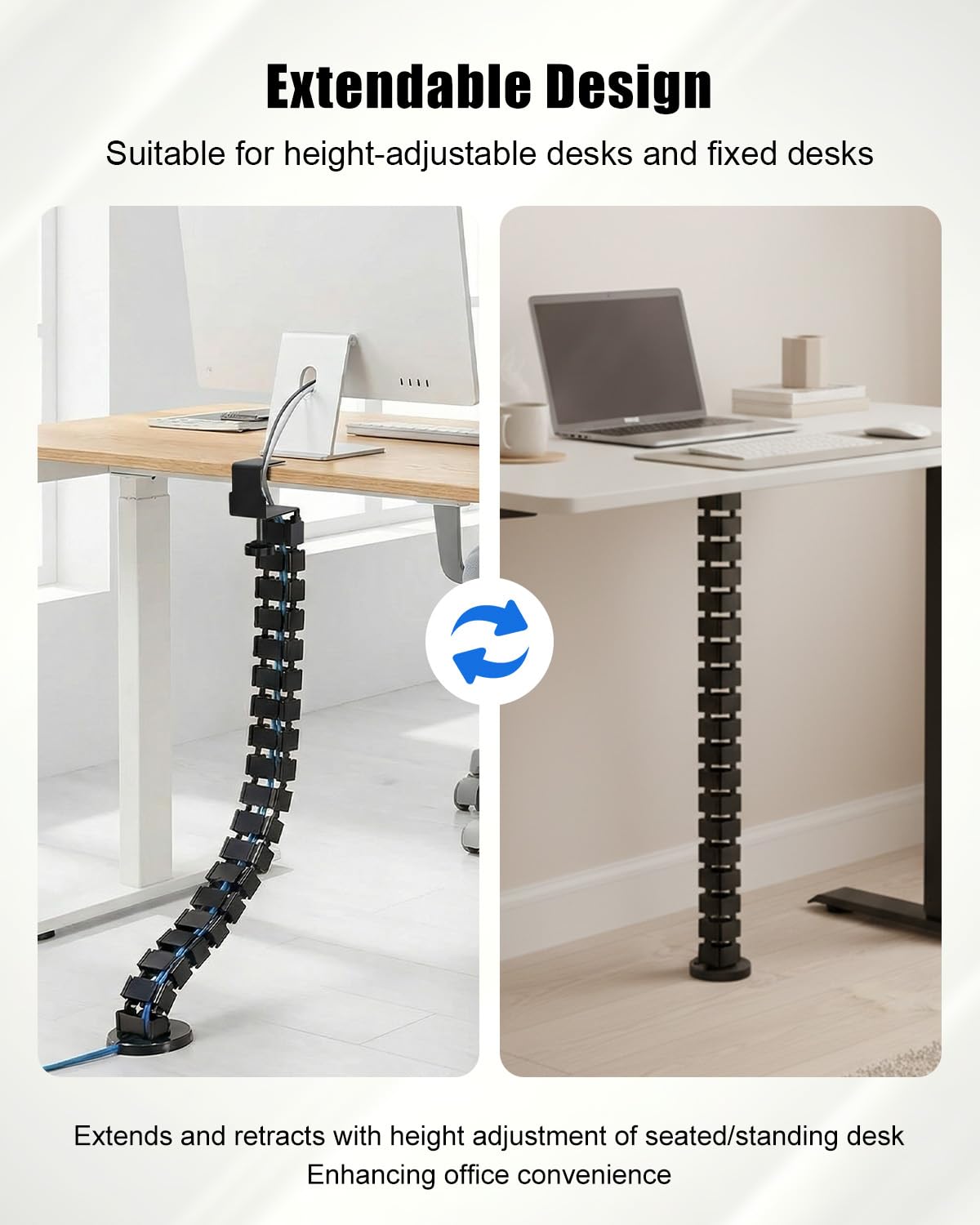 Desk Vertebrae Cable Management Kit, Adjustable Quad Entry Flexible Cord Organizer for Sit Stand Desk, No Drill Clamp-On Under Desk Modular Cable Control with Steel Base