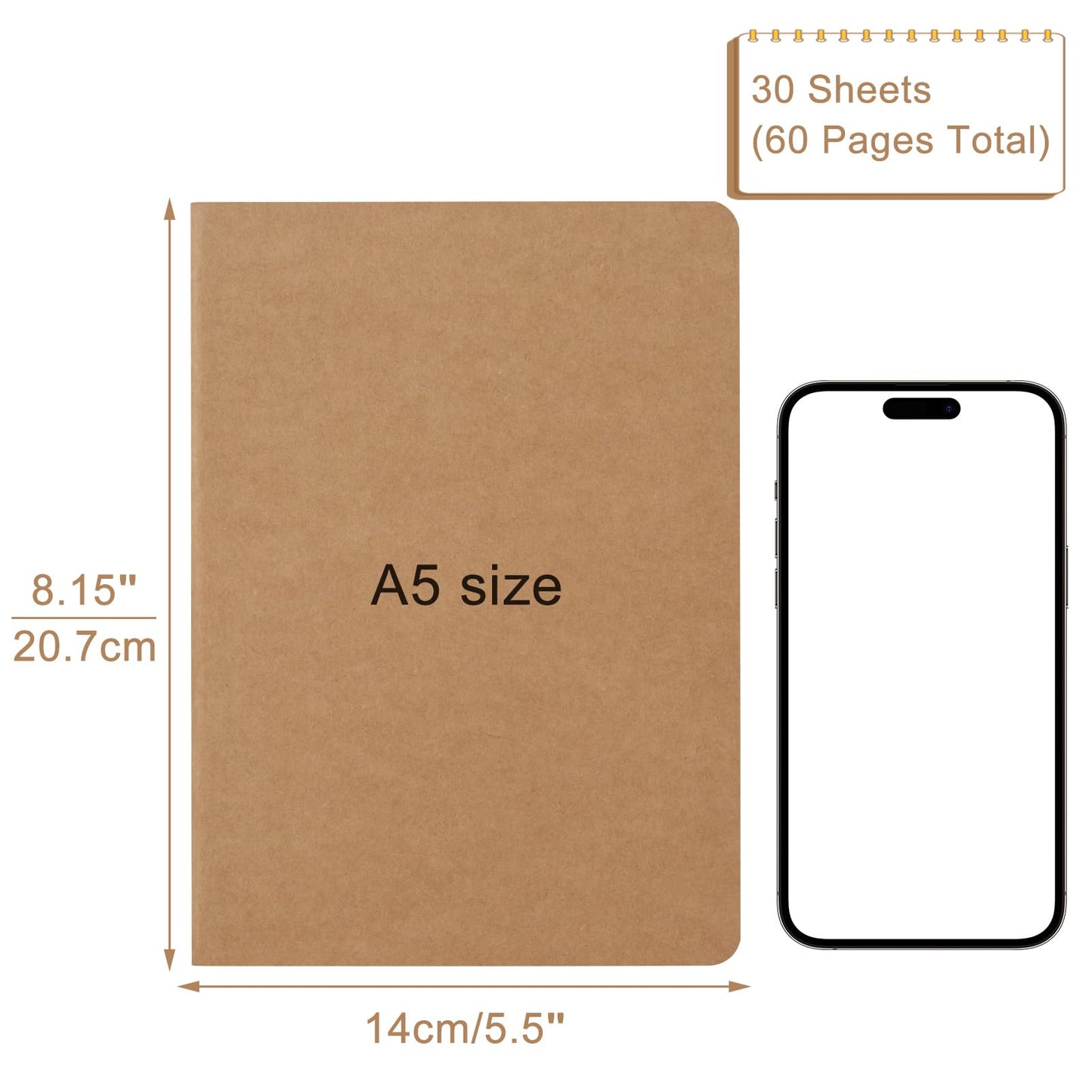 ZCZN 24 Pack A5 Kraft Notebooks Bulk, 8.15x5.5 Inches Blank Journaling Notebooks, Notebooks for Work, Composition Notebooks for School, Journal notebooks for kids, 60 Pages