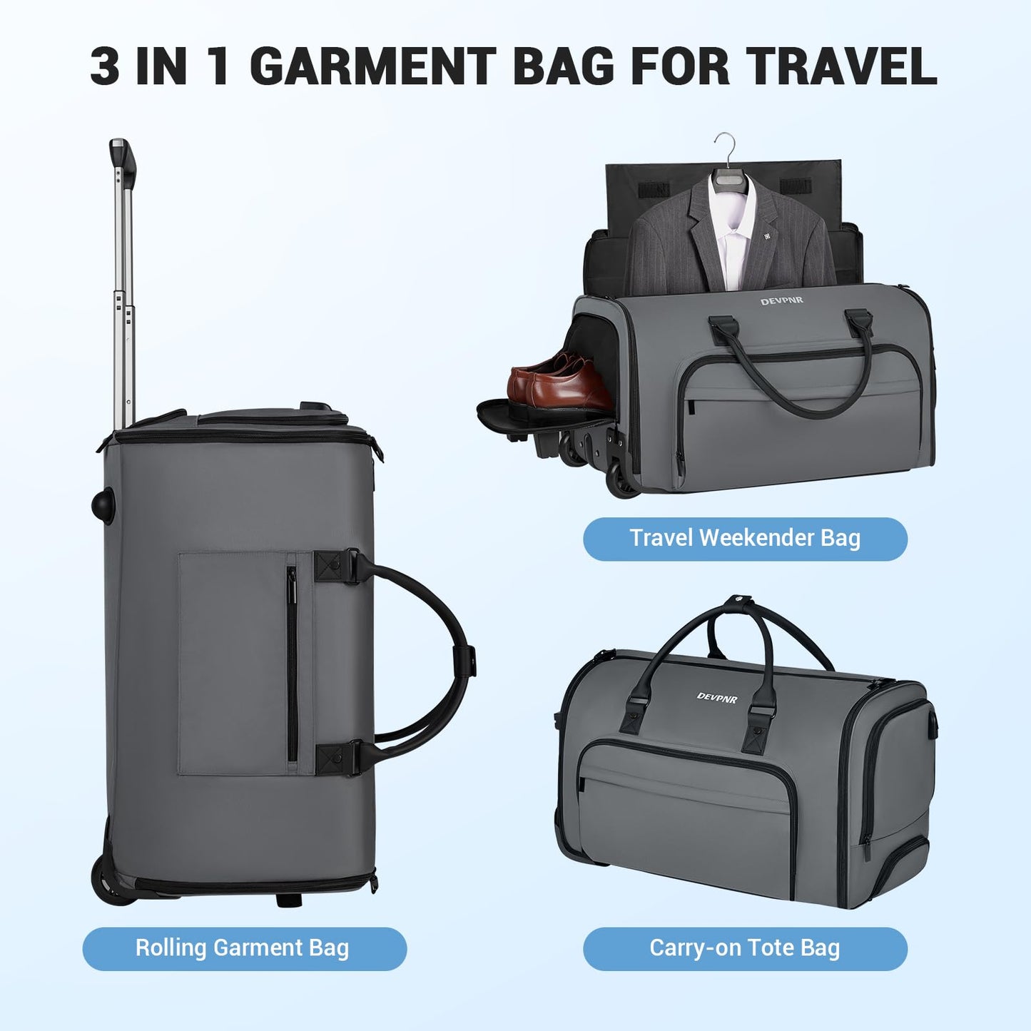 DEVPNR Rolling Garment Bags for Travel, 59L Rolling Duffle Bag with Wheels and Shoe Compartment for Men and Women, 3 in 1 Carry on Convertible Travel Garment Bag with Wheels, Gray