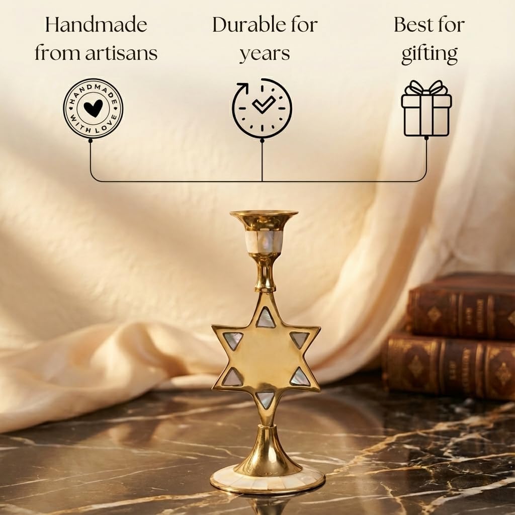 House of Wemy Star-Shaped Brass & Mother of Pearl Candle Holder for Taper Candles | for Home Decor, Bedroom, Living Room Decor, Table Centerpieces & Festival Decoration (8x8x17 cm)