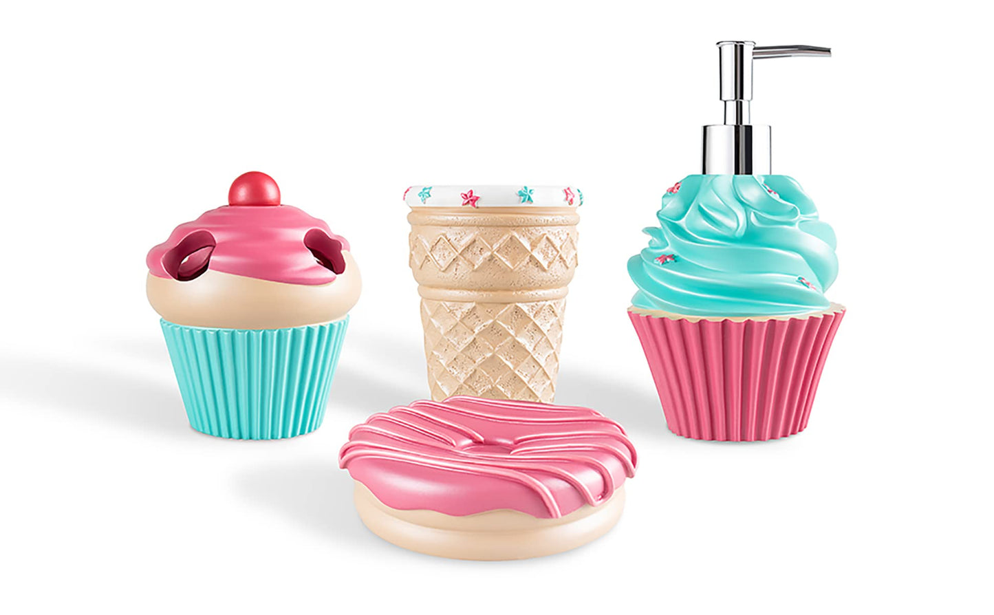 YangShiMoeed Bathroom Accessories Sets Organizer Complete with Milkshake Lotion/Soap Dispenser,Egg Tube Bath Cup/Tumbler,Donut Soap Dish,Cake Toothbrush Holder for Kids Bath Decor (Pink)