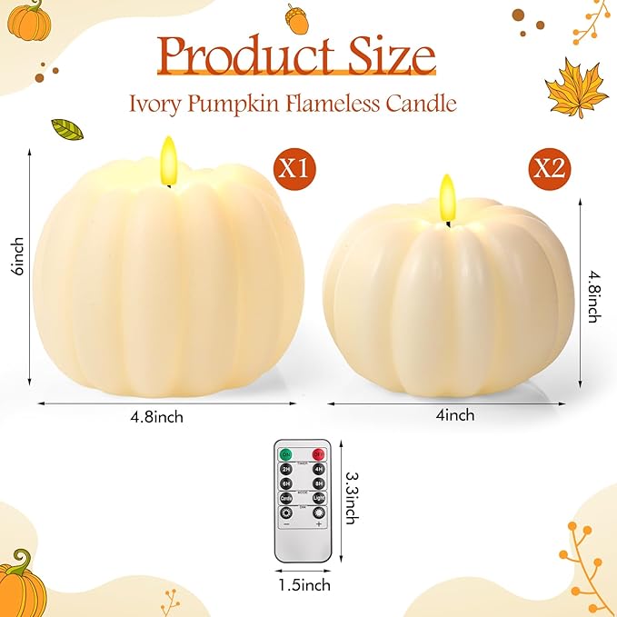 Retisee 3 Pcs Flameless Thanksgiving LED Candle Fall Light up Pumpkin Flameless Candles with Timer Remote Control, 4" 6" h Autumn Farmhouse Rustic Harvest Decor for Home Party(Ivory)