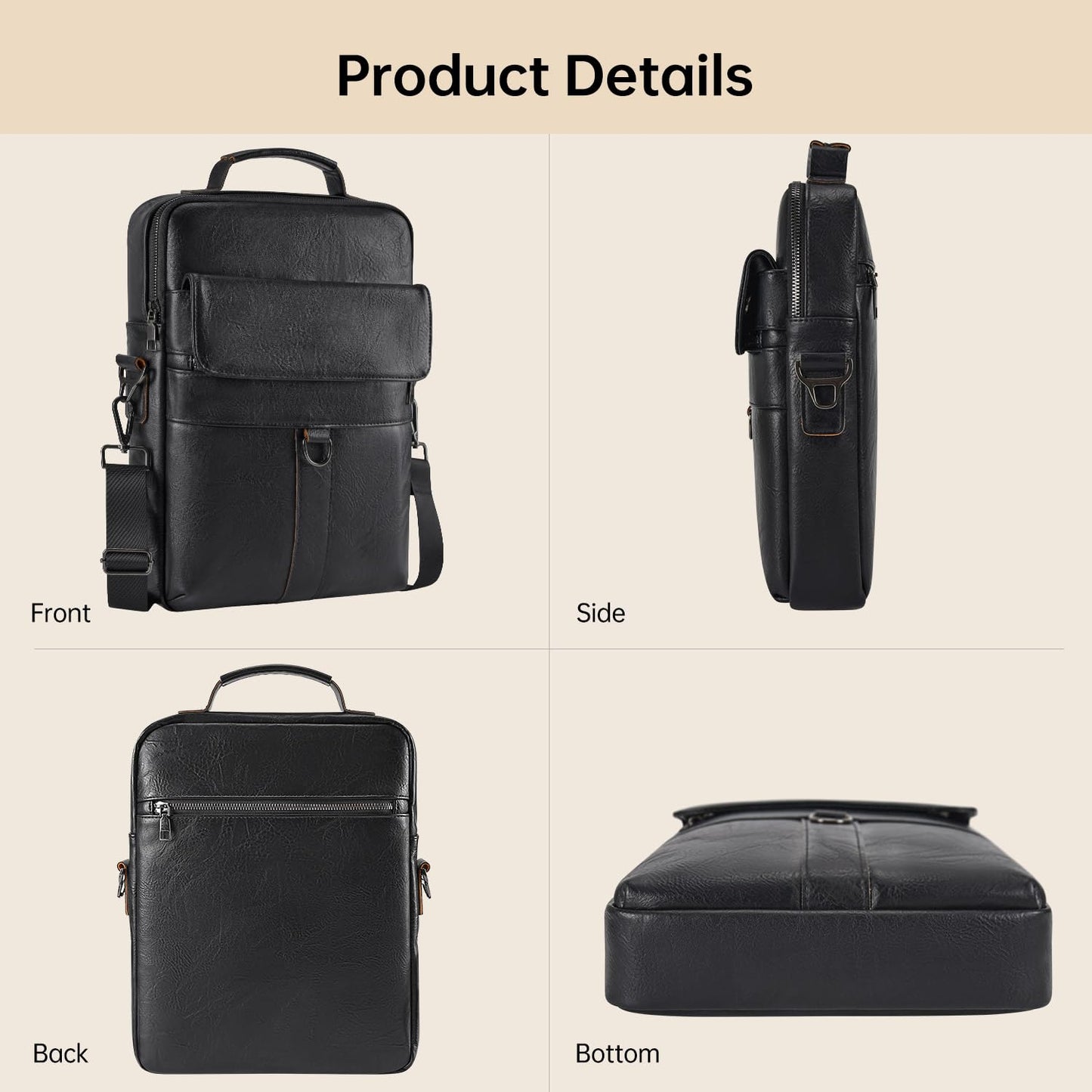 13 Inch Laptop Shoulder Bag Leather Carrying Case for Macbook Air 13" M5 M4 M3 M2 A3449 A3420 A3113 A2681/MacBook Pro 14" M5 M4 M3/2026 MacBook Neo, Vertical Laptop Sleeve Messenger Computer Bag,Black