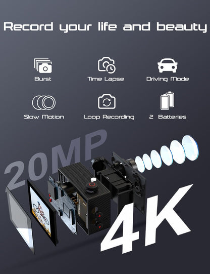 Apexcam Action Camera 4K with 64G SD Card Sport Cameras 20MP 131FT Waterproof Underwater Camera 170°Wide-Angle WiFi Camera with 2.4G Remote Control, 2 Batteries, Mounting Accessories Kits