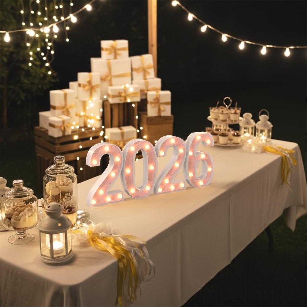 Pink 2026 LED Marquee Numbers, LED Marquee Letter Lights New Year Decor, Grad 2026 Sign Light up Letters for Graduation Decorations, Class of 2026 Light Up Numbers for Home College Graduation Party