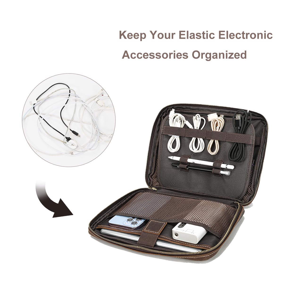 LANNSYNE Full Grain Leather Electronic Organizer Accessory Travel Tech Pouch, Cable Accessories Bag, Storage Carry Case for Charger, Phone, Power Bank, Cables