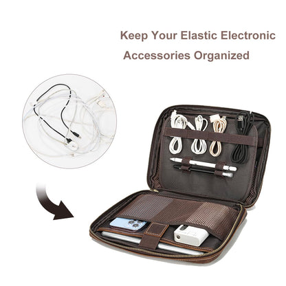 LANNSYNE Full Grain Leather Electronic Organizer Accessory Travel Tech Pouch, Cable Accessories Bag, Storage Carry Case for Charger, Phone, Power Bank, Cables