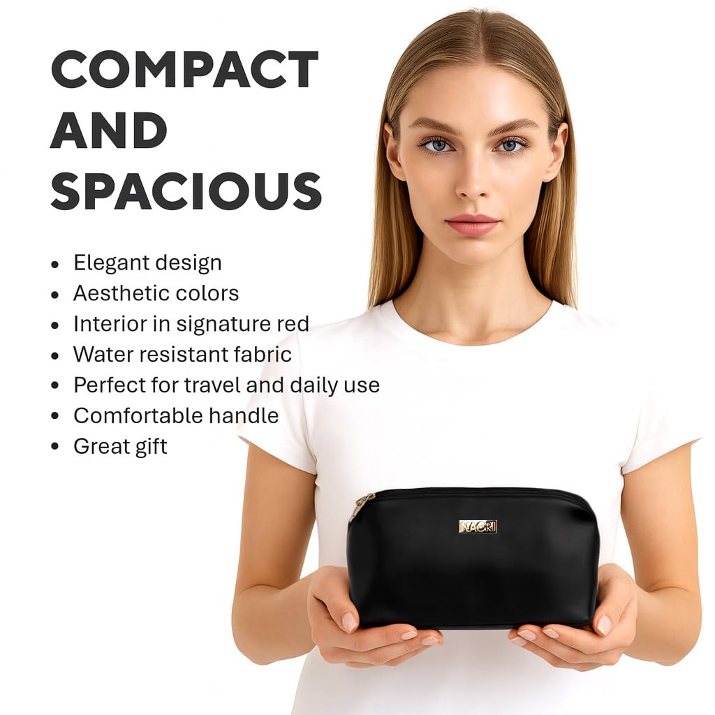 NAORI Travel Makeup Bag for Women | Large Luxury Cosmetic Organizer with Handle & Inner Pockets | Waterproof Faux Leather Toiletry Bag | Makeup Case for Home, Travel & Gifting (Elegant Black)