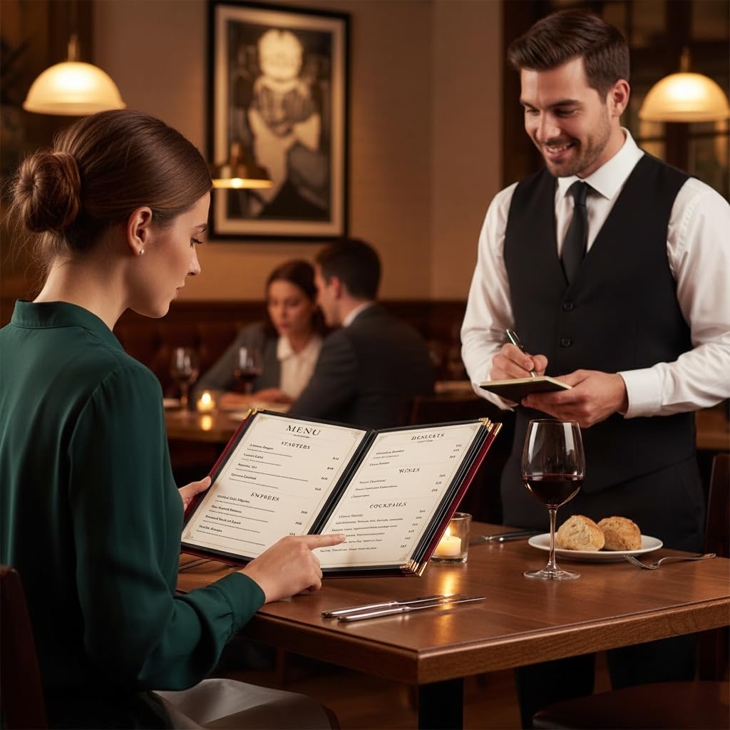 Restaurant Menu Covers 8.5×11 – 8 Page 16 View Menu Sleeve, Premium Burgundy Red Faux Leather, Waterproof Durable Menu Holder for Bar Cafe Hotel, 2 Pack