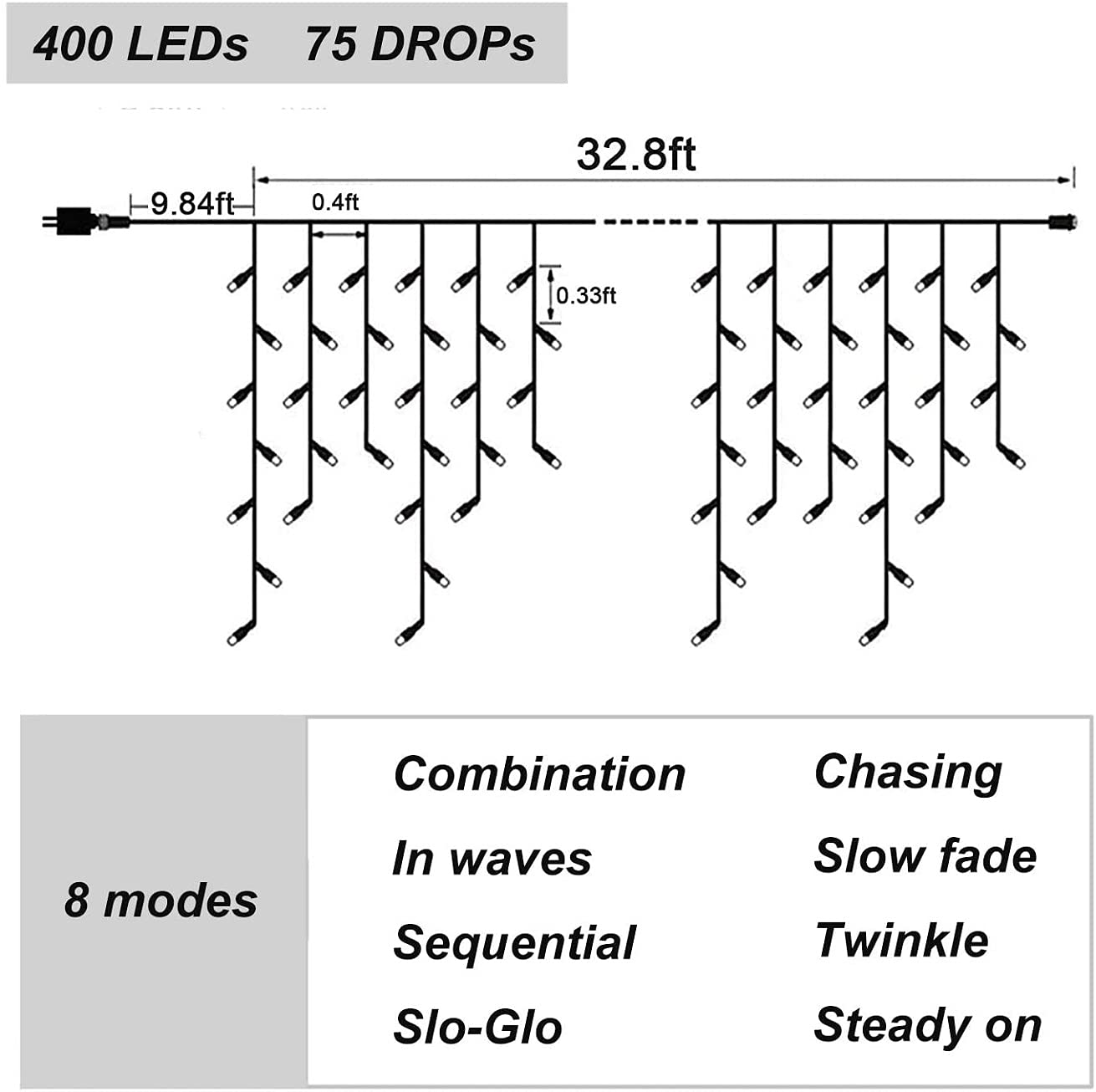 Dopheuor Icicle Fairy Lights 400LED 32.8ft 75Drops 8 Modes Waterproof String Lights for Outdoor Eaves Curtain Christmas Trees Party Decor(Warm White)