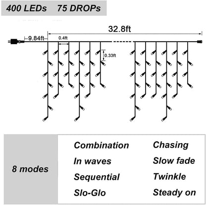 Dopheuor Icicle Fairy Lights 400LED 32.8ft 75Drops 8 Modes Waterproof String Lights for Outdoor Eaves Curtain Christmas Trees Party Decor(Warm White)