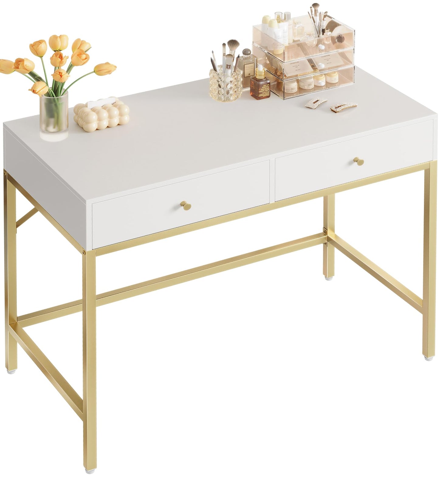 SUPERJARE 31.5" White and Gold Desk with 2 Drawers, Modern Vanity Desk, Small Makeup Table for Home Office Writing Study Bedroom