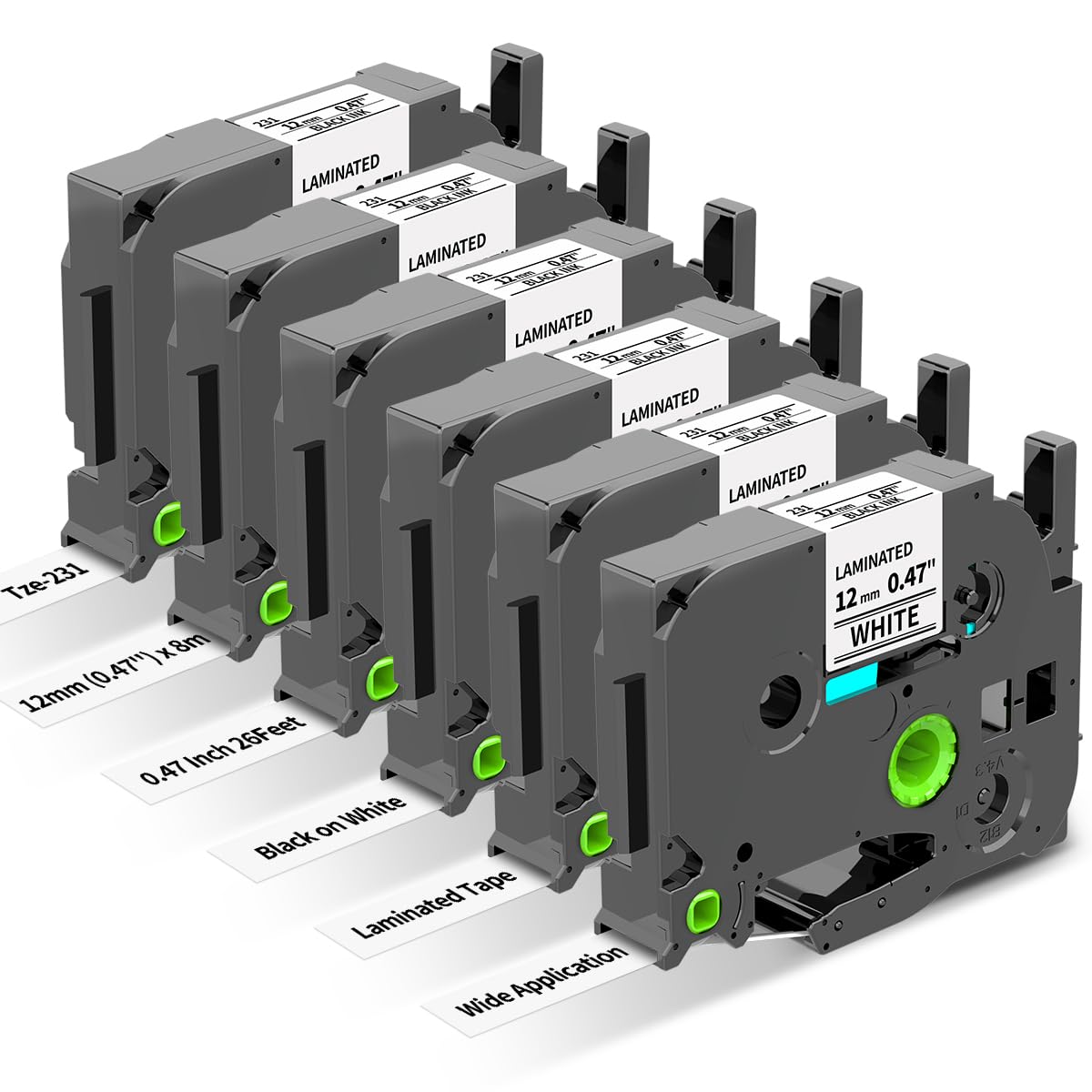 Freshworld 6-Pack Replace for Brother Label Maker Refills TZe-231 12mm 0.47 Black Ink on White Tape Laminated Compatible with Brother Label Maker Tape for P-Touch PTD210 D220 H110 H111 D410 610BT CUBE