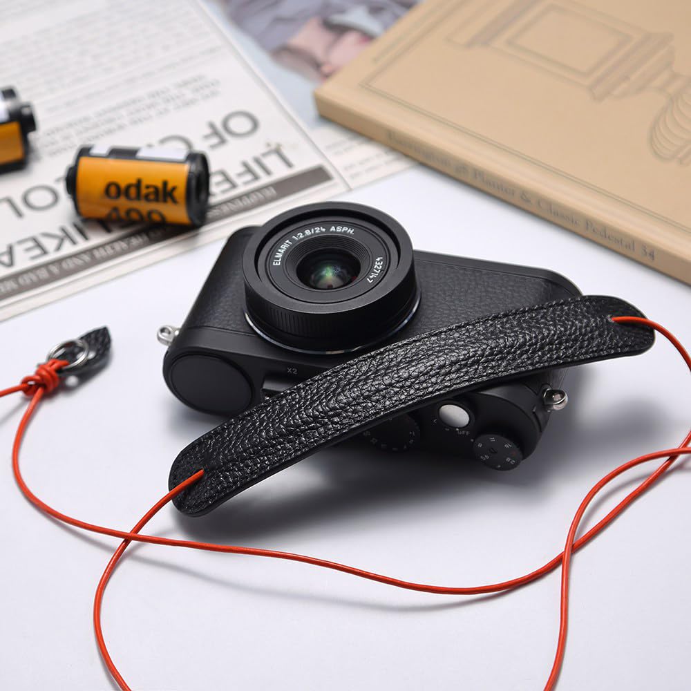DBZZ Vintage Ultra-Thin Genuine Leather Camera Lanyard, Cowhide Rope Neck Strap for Fujifilm X100VI X-HALF For Ricoh (Vermilion)