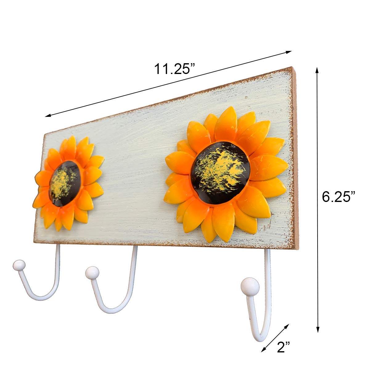 YUMBOR Rustic Wooden Sunflower Wall Hook Keys Aprons Towel Hanger Kitchen Wall Decor Flower Wall Holder Countryside Farmhouse Wall Decoration for Home Kitchen Entryway Office-(White)
