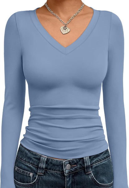Trendy Queen Long Sleeve Shirts for Women 2025 Fall Fashion V Neck Basics Crop Tops Slim Fitted Y2K Tops Outfits Clothes