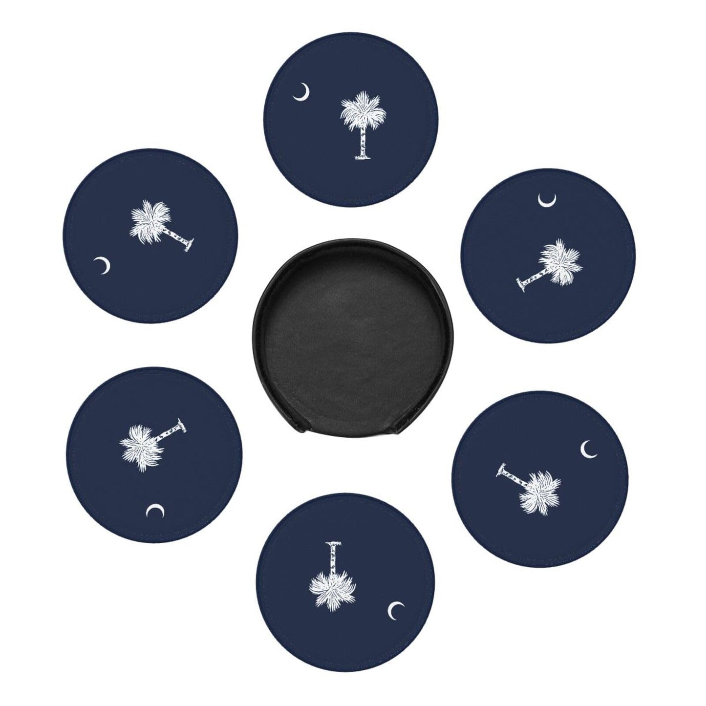 6 Pack South Carolina State Flag Leather Coasters with Holder–Cute Heat Resistant Drink Coasters Set for Coffee Wine Kitchen Office Bar Table Decor,Round