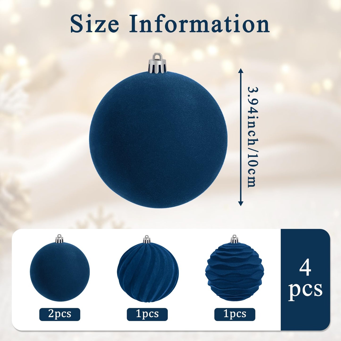 Artmag 4 PCS Large Velvet Christmas Balls Ornaments Shatterproof Hanging Set Flocked for Xmas Tree Holiday Party Decorations (Blue,4 Inch)